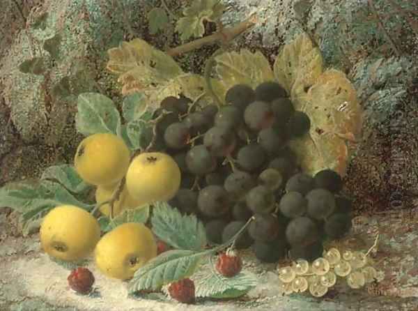 Raspberries, gooseberries, plums and grapes on a mossy bank Oil Painting by Oliver Clare