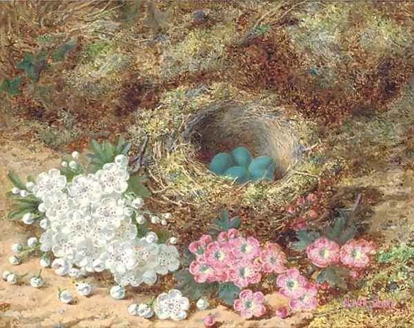 Still life of apple blossom and a bird's nest on a mossy bank Oil Painting by Oliver Clare