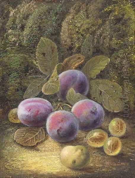 Still life of plums and gooseberries on a mossy bank Oil Painting by Oliver Clare