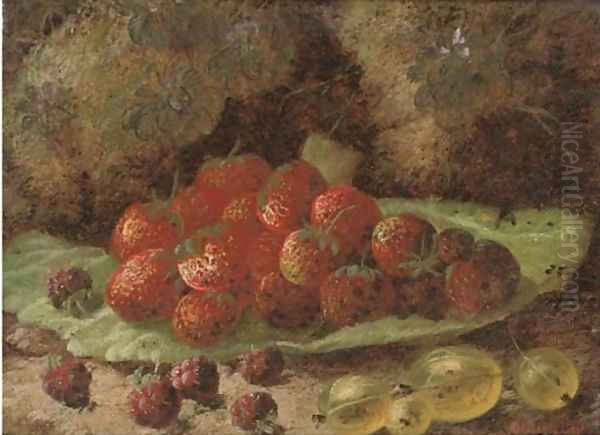 Strawberries, raspberries and gooseberries on a mossy bank Oil Painting by Oliver Clare