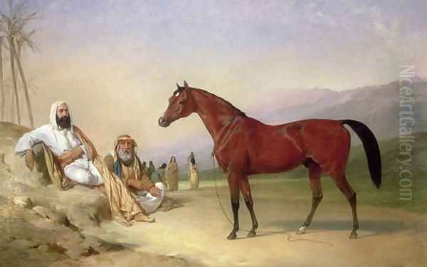 Two Bedouin with a Bay Arab Stallion in the Desert, 1860 Oil Painting by Abraham Cooper