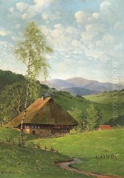 Idyllische Sommerliche 
Schwarzwaldlandschaft Mit Kleinem Bachlauf Sowie Strohgedecktem 
Bauernhaus Oil Painting by Karl Hauptmann