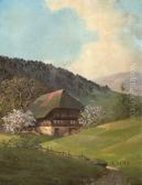 In Fruhlingshafter Schwarzwaldlandschaft Von Bluhenden Baumen Flankiertes Bauernhaus Oil Painting by Karl Hauptmann