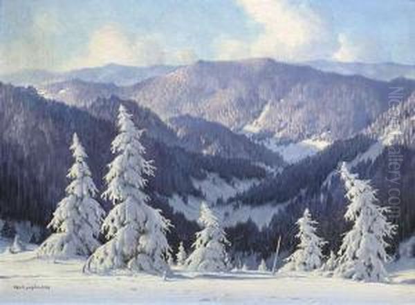 Hauptmann, Karl. A Wide Wintry Landscape Oil Painting by Karl Hauptmann