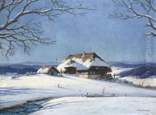 Hauptmann, Karl. Wintry Landscape With A Barnyard In The Black Forest Oil Painting by Karl Hauptmann