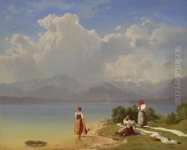 Junge Bauerinnen Beim
 Waschebleichen Am Ufer Des Chiemsees. Oil Painting by Maximilian Haushofer