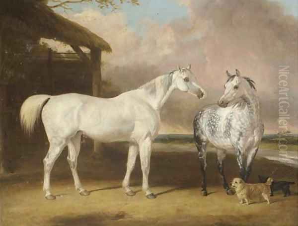 Hunters And Terriers By A Barn, In A River Landscape Oil Painting by Abraham Cooper