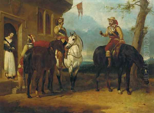 Two mounted cavaliers and another drinking ale outside an inn Oil Painting by Abraham Cooper