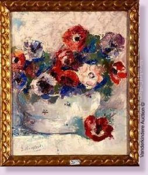 Vase D'anemones Oil Painting by Gaston Haustrate