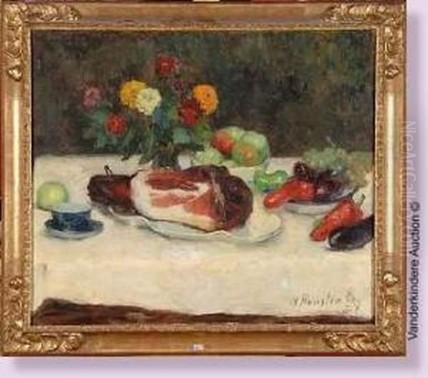 Nature Morte Au Jambon, Aux Fleurs Et Aux Fruits Oil Painting by Gaston Haustrate