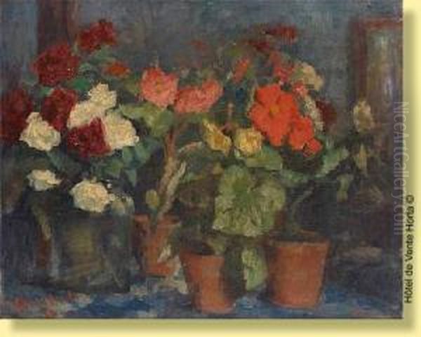 Begonias En Pot Oil Painting by Gaston Haustrate