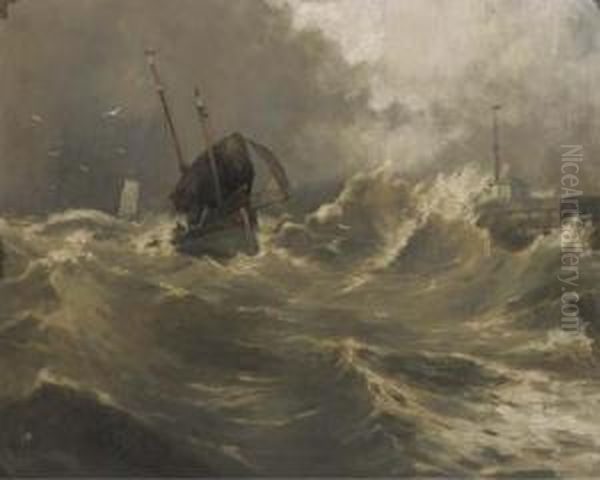 Sailing Vessels On A Rough Sea By A Pier Oil Painting by Gaston Haustrate