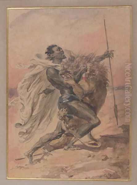 Struggle between a Warrior and a Lion Oil Painting by Alexandre-Marie Colin