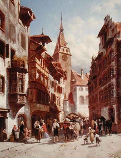 Figures on the Street in Zug, Switzerland, 1880 Oil Painting by Jacques Carabain