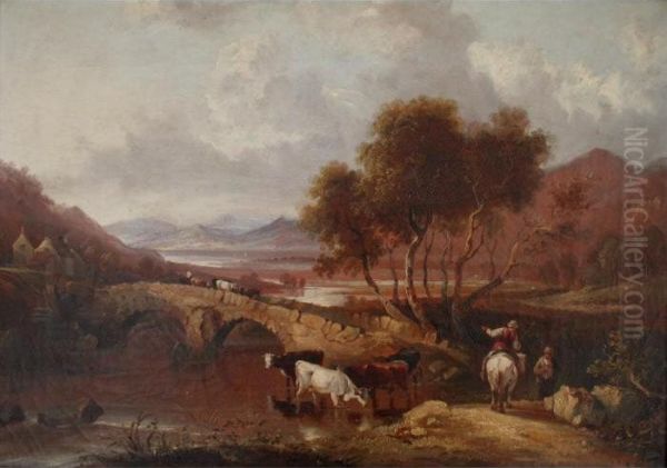 Country Landscape With Figures And Cattle By A Stone Bridge by William Havell