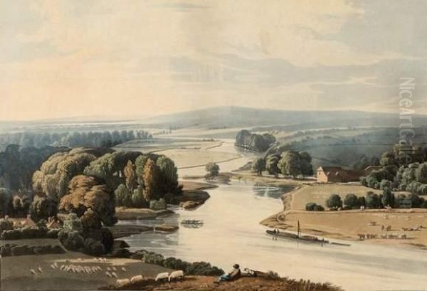 Vues De La Campagne Anglaise : 
Windsor Castle ; View Of The Thames At Strealey ; Abingdon Bridge & 
Church ; Caversham Bridge Near Reading. Oil Painting by William Havell