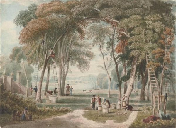 Chestnut Gathering Near Richmond Bridge Oil Painting by William Havell