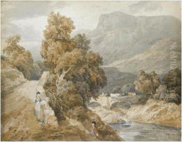 A Fisherman And Two Ladies In A Mountainous Landscape Oil Painting by William Havell