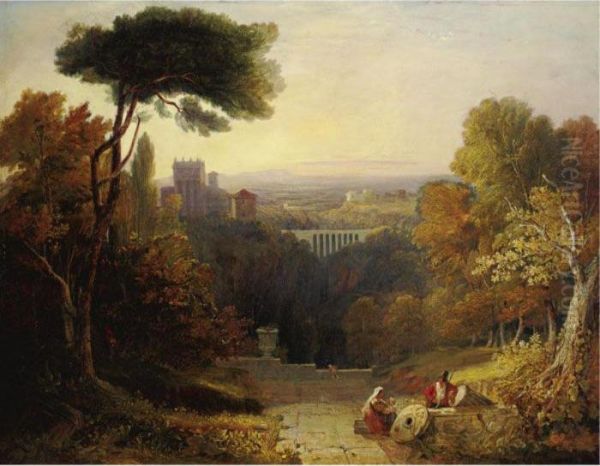 Italianate Landscape With Travelers Resting And A Castle Beyond Oil Painting by William Havell