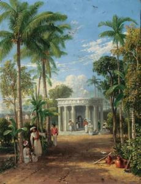 An Indian Garden Scene With European And Indian Figures By Aclassical Mausoleum Oil Painting by William Havell