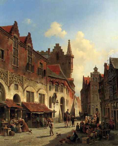 Morning In A Busy Market Oil Painting by Jacques Carabain