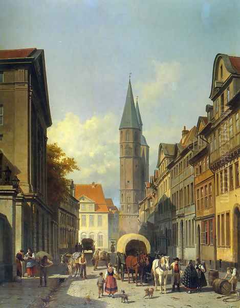 A Busy Street in a German Town Oil Painting by Jacques Carabain