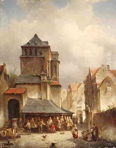 A Bustling Marketplace Oil Painting by Jacques Carabain