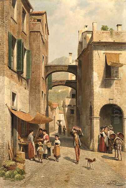 A sunny street scene Oil Painting by Jacques Carabain