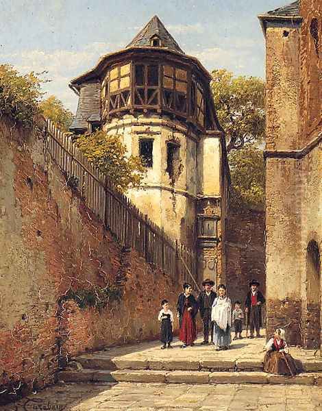 A Family In A Sunlit Street Oil Painting by Jacques Carabain