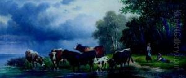 De Jonge Koeherders Aan Dewaterkant Oil Painting by Louis Welden Hawkins