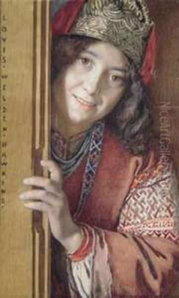 Jeune Femme Souriant Au Costume Medieval Oil Painting by Louis Welden Hawkins