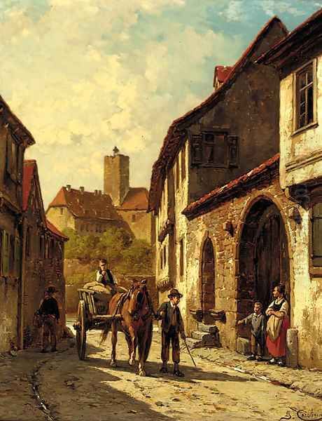 A horse and cart on a continental backstreet Oil Painting by Jacques Carabain