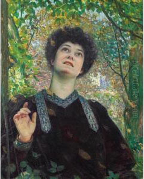 Portrait De Femme Regardant Vers
 Le Haut [, Portrait Of A Woman Looking Up, Oil On Canvas, Signed] Oil Painting by Louis Welden Hawkins