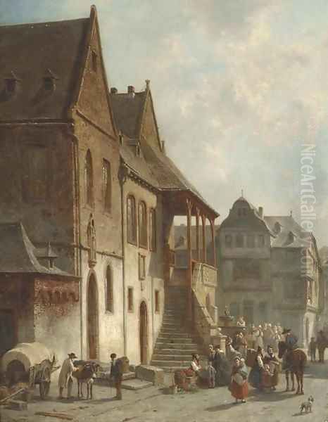 Figures conversing by the town hall of Goslar, Germany Oil Painting by Jacques Carabain