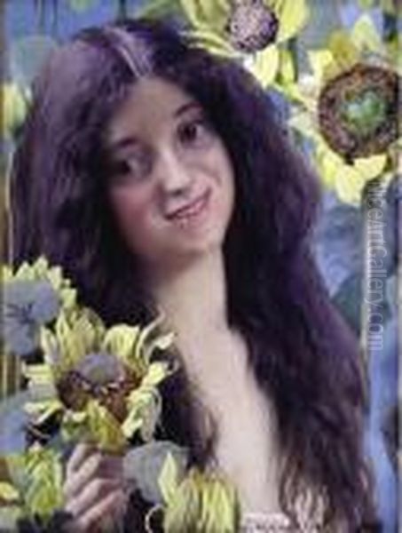 Jeune Fille Aux Tournesols Oil Painting by Louis Welden Hawkins