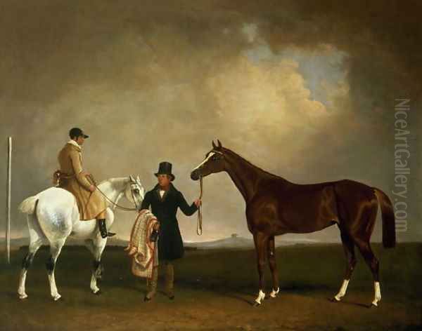 Mr Sadlers Decisive held by his Trainer with the jockey John Day Jnr, Stockbridge Racecourse, 1843 Oil Painting by George Cole, Snr.