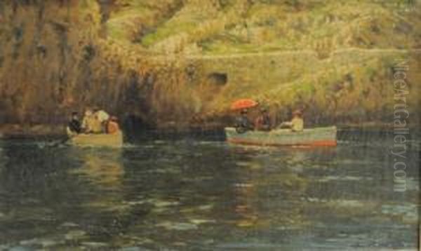 Couples In Victorian Dress In Boats On A River Oil Painting by Bernard Hay