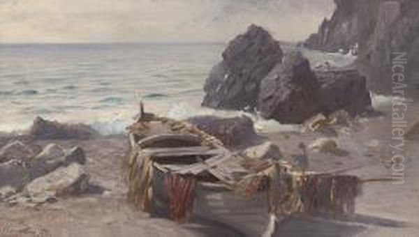 A Fishing Boat At Low Tide, Capri Oil Painting by Bernard Hay