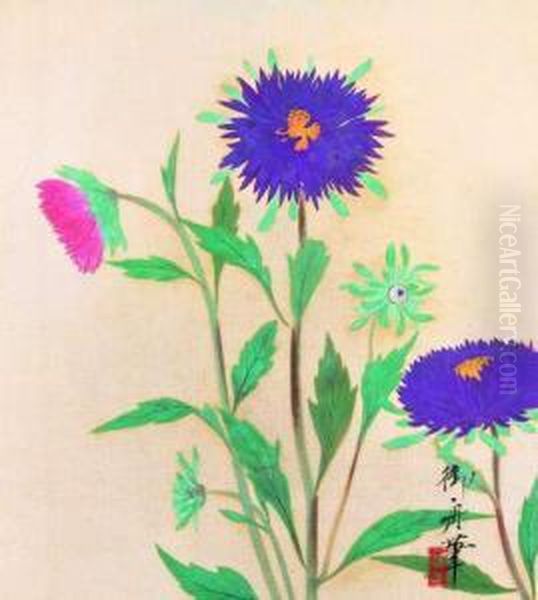 Ezogiku (china Asters) Oil Painting by Gyoshu Hayami