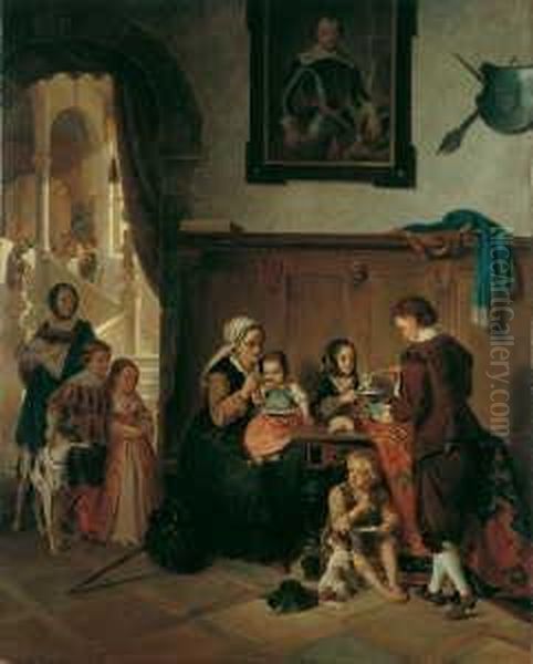 Die Speisung Der Armen Familie. 
Signiert Und Datiert Unten Links: J. Haier/wien 1876. Ol Auf Leinwand 
(doubliert). H 115; B 93 Cm. Oil Painting by Joseph Hayer