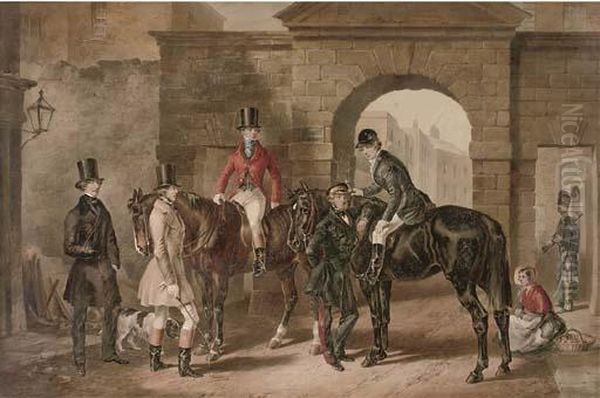 Leaving For The Hunt, Outside The South Gate Of Dublin Castle Oil Painting by Michael Angelo Hayes