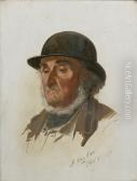 Study Of An Elderly Man In A Bowler Hat; Study Of An Elderly Man In A Straw Hat Oil Painting by James Hayllar