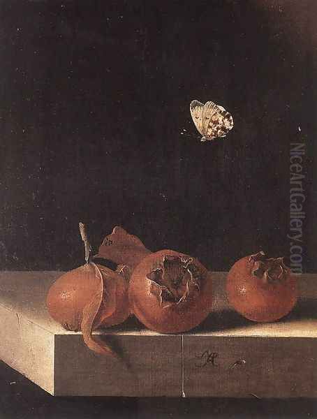 Three Medlars with a Butterfly c. 1705 Oil Painting by Adriaen Coorte