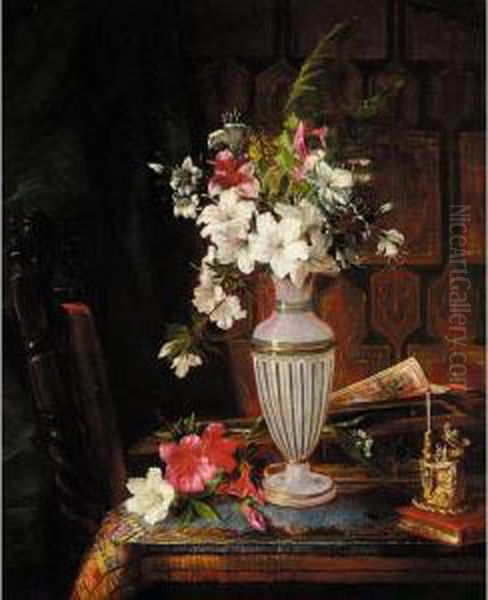 Still Life Of Flowers With Books And A Matchstick Holder Oil Painting by Jessica Hayllar