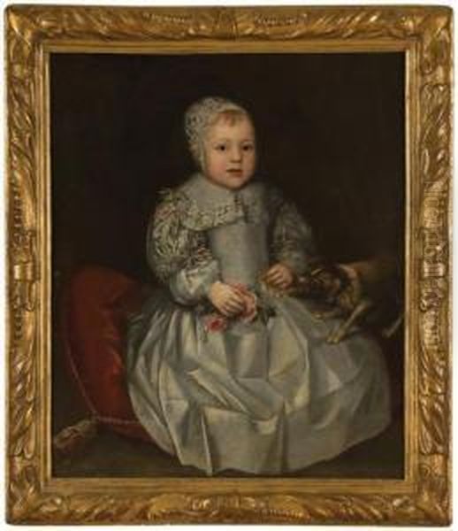 Portrait Of A Child In White Dress With A Dog. Oil Painting by John Hayls