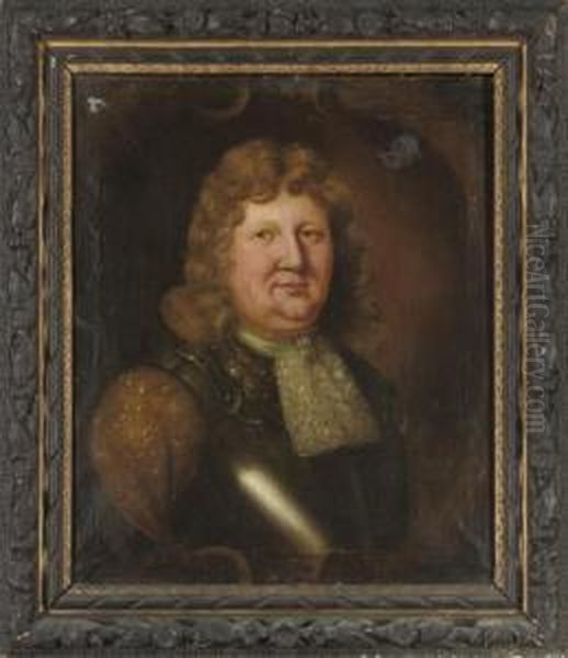 Portrait Of A Gentleman, 
Bust-length, In Armour With A Lace Cravat, In A Sculpted Cartouche Oil Painting by John Hayls