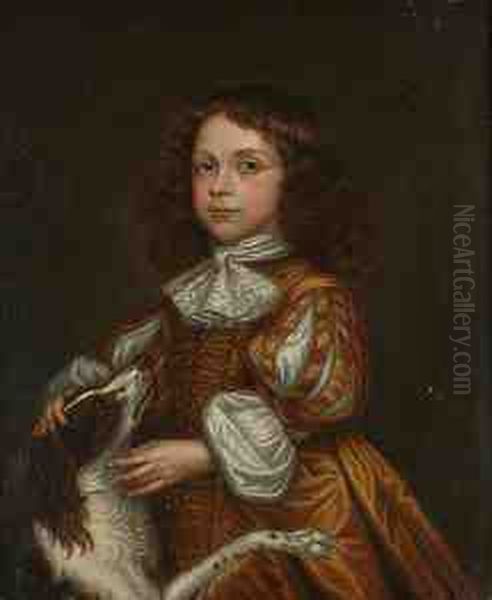 Portrait Of A Young Boy, 
Three-quarter-length, In Gold Costume And A White Lace Jabot, Petting A 
Spaniel Oil Painting by John Hayls