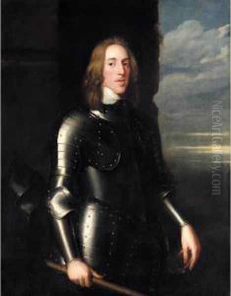 Portrait Of Sir Richard Ingleby,
 Three-quarter Length Standing, Wearing Armour, His Helmet Beside Him, A
 Baton In His Hand Oil Painting by John Hayls