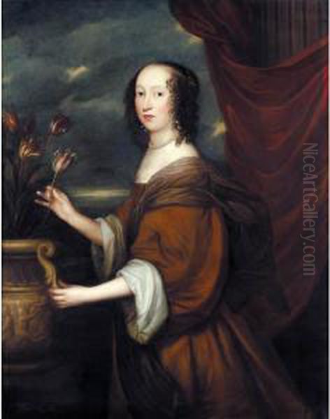 Portrait Of Lady Ingleby, 
Three-quarter Length, Standing Beside An Urn Of Tulips, Wearing A Brown 
Dress And A Pearl Necklace Oil Painting by John Hayls