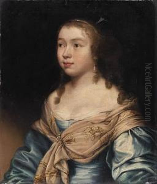 Portrait Of A Young Woman, Half-length, In A Blue Dress And Anembroidered Shawl Oil Painting by John Hayls